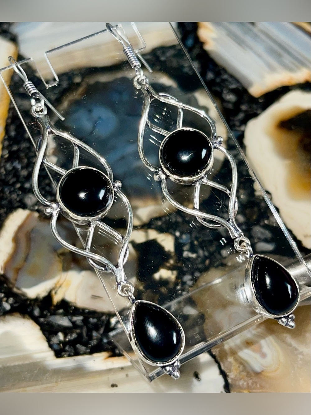 Jumbo Black Onyx Nugget Earrings 3 1/4”